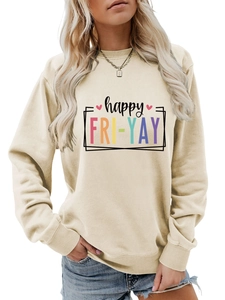 Detail of happy FRI-YAY print and crewneck on cream long sleeve sweatshirt for women