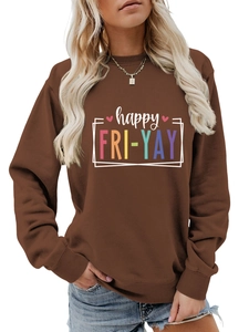 Detail of happy fri-yay print on brown crewneck sweatshirt with ribbed knit texture
