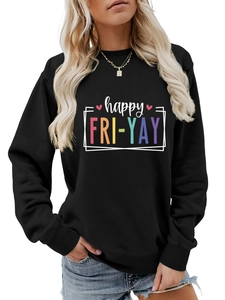 Detailed close-up of 'happy FRI-YAY' colorful print and pink heart on a black sweatshirt