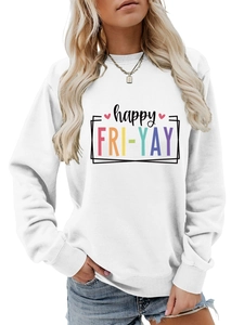 Detail of happy FRI-YAY print and soft cotton fabric on a white long sleeve sweatshirt