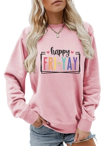 Detail of pink crewneck sweatshirt with happy FRIDAY colorful print and soft texture