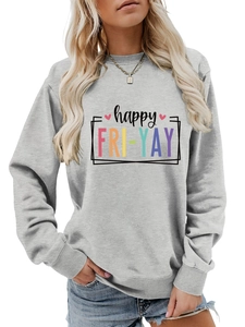 Detail of grey crewneck sweatshirt featuring colorful happy FRI-YAY print and heart icon
