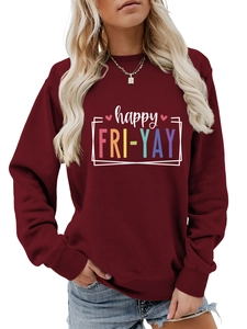 Detail of burgundy Happy Fri-Yay crewneck sweatshirt with colorful letter print
