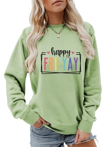 Detail of ribbed neckline and happy FRI-YAY print on soft green sweatshirt