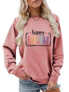 Detail of pink crewneck sweatshirt with happy FRI-YAY colorful text and ribbed cuffs