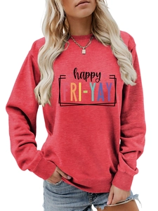 Front view of red long sleeve crewneck sweatshirt featuring colorful happy FRI-YAY print