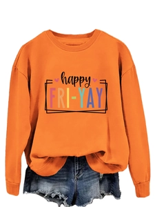 Flat lay of bright orange crewneck sweatshirt with colorful happy FRI-YAY slogan print
