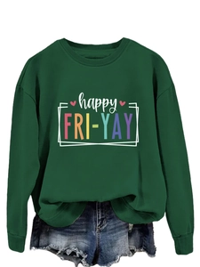 Close-up of Happy Fri-Yay colorful print on a dark green crewneck sweatshirt detail