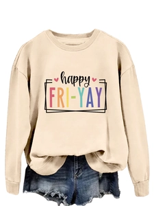 Close-up of Happy Fri-Yay rainbow print on a beige long-sleeved casual sweatshirt