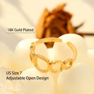 18K gold plated square hollow adjustable open ring with minimalist geometric design