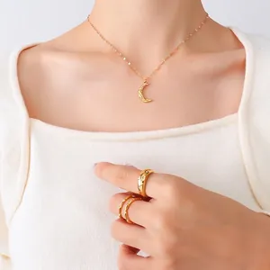 18K gold plated moon pendant necklace and star ring set for women in elegant gold finish