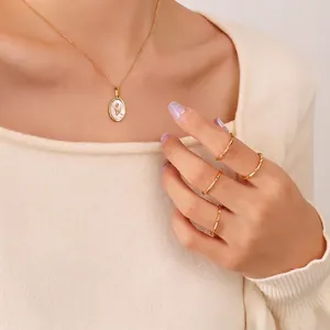 18K gold plated tulip shell pendant necklace and bamboo style rings jewelry set