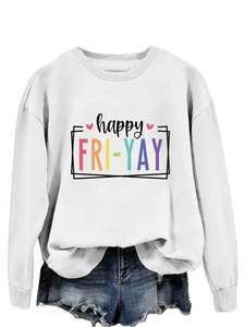 Detail view of cotton sweatshirt with happy FRI-YAY colorful print and pink heart icon