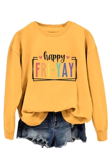 Detail view of yellow long sleeve sweatshirt with happy FRI-YAY rainbow print design