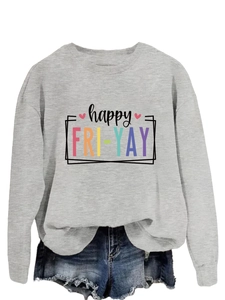 Detail of happy fri-yay graphic print on casual grey long sleeve sweatshirt and denim shorts