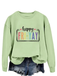 Detail of light green sweatshirt with happy FR-YAY print and ribbed knit cuffs texture