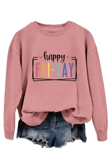 Flat lay of pink Happy Fri-Yay sweatshirt with blue distressed denim shorts set