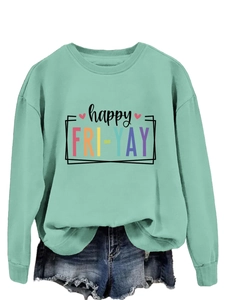 Detail of happy FRI-YAY print on mint green sweatshirt with ribbed collar design
