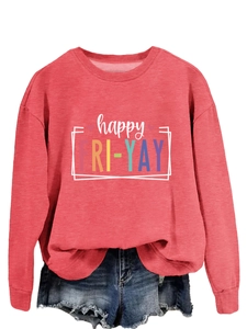 Detailed view of happy FRI-YAY printed lettering on casual coral red sweatshirt