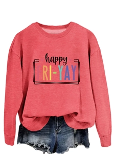 Detail of happy FRI-YAY print on red long sleeve crewneck sweatshirt for women