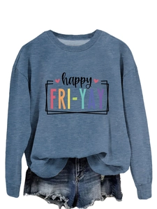Detail of happy fri-yay printed blue sweatshirt with denim shorts in a casual layout