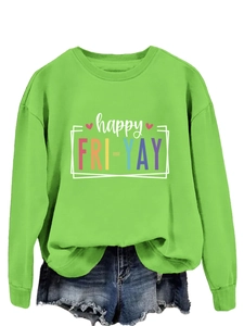 Detail of happy FRI-YAY rainbow print on a bright green long sleeve sweatshirt
