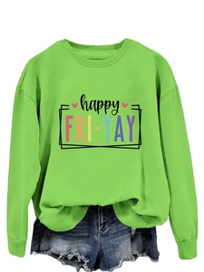 Detail of green long sleeve sweatshirt with colorful happy FRI-YAY print and heart icon