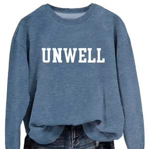 Blue crew neck sweatshirt featuring bold UNWELL letter print on the front for casual wear