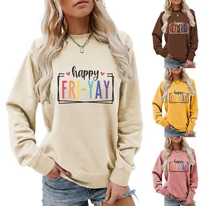 Happy Fri-Yay Heart Graphic Women Sweatshirt Crew Neck Long Sleeve Pullover Cotton Blend Casual Streetwear Top