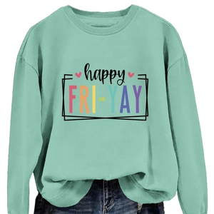 Mint green happy fri-yay printed sweatshirt with a casual crew neck and ribbed trim