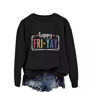 Black round neck long sleeve sweatshirt with colorful happy FRI-YAY print and heart icon