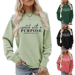 Detail view of round neck long sleeve sweatshirts with created with a purpose print