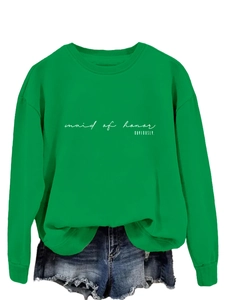 Detail of green long sleeve sweatshirt with white Maid of Honor Obviously print