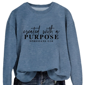 Navy crewneck sweatshirt featuring created with a purpose letter print for women