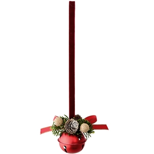 Christmas iron bell ornament with pine cones, red bow and festive hanging velvet ribbon
