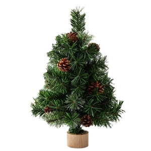 Mini desktop artificial Christmas tree with pine cones and a natural wood base