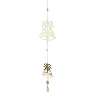 Golden iron Christmas bells ornament with hollow design and crystal beads on white background