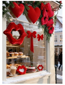 Detail of red velvet heart, lips and bow ornaments for Valentine's Day decor
