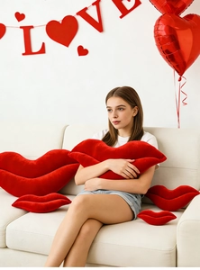 Model holding a large red lip-shaped plush pillow in a romantic Valentine's Day room setting