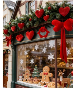 Red velvet heart and bow ornaments displayed on festive garland in window display