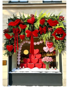 Romantic store display with red plush lips, velvet bows, and pink rose arrangements
