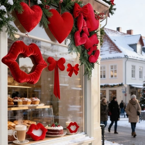 Red velvet heart and bow ornaments displayed against a festive snowy window background