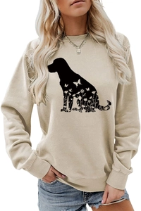 Détail de l'imprimé silhouette de chien avec fleurs sur sweatshirt col rond kaki