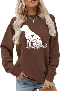 Détail de l'imprimé silhouette de chien floral sur un sweat marron à manches longues