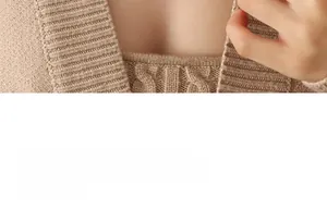 Macro detail of beige cable knit vest and ribbed cardigan fabric textures and patterns