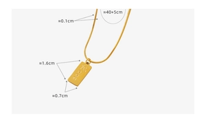 Close-up of golden Love pendant with dimensions on a sleek snake bone chain necklace