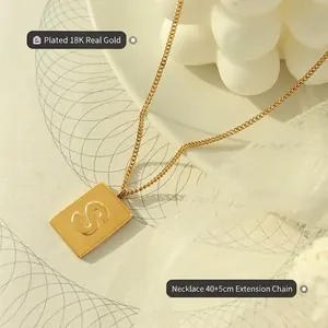 18K gold plated titanium steel necklace featuring an embossed letter S square pendant