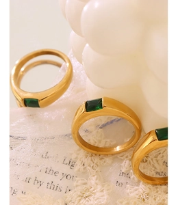 Three elegant 18K gold-plated titanium rings with green rectangle zircon emerald stones
