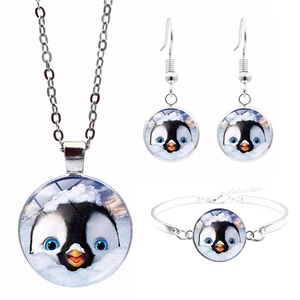 Collier Bracelet Boucles Oreilles Pendantes Pingouin Mignon Alliage Cabochon Verre Accessoire Mode Hiver Pour Femmes