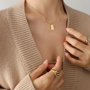Minimalist 18K gold plated Love pendant necklace and checkered enamel rings for women